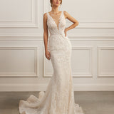 Sleeveless mermaid gown - Plunging neckline bridal dress - Floral lace appliqué dress - Fitted silhouette - Mermaid skirt with train - Elegant wedding dress - Formal bridal gown - Timeless beauty gown - Modern sophisticated dress - Curvaceous wedding attire