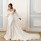 Off-the-shoulder gown - Sweetheart neckline bridal dress - Floral lace appliqué dress - Bishop sleeves wedding dress - Fitted silhouette - Elegant wedding dress - Formal bridal gown - Romantic wedding attire - Sophisticated wedding gown - Train wedding dress