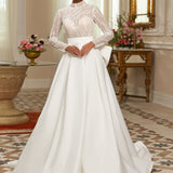 Long-sleeve gown - High neckline bridal dress - Sequin embellished dress - Fitted bodice - Voluminous skirt - Elegant wedding dress - Formal bridal gown - Sophisticated wedding attire - Timeless beauty gown - Regal wedding dress