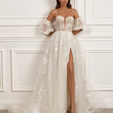 Off-the-shoulder gown - Sweetheart neckline bridal dress - Floral lace appliqué dress - Spaghetti strap wedding gown - Corset-style bodice - Puff sleeves - High slit skirt - Elegant wedding dress - Formal bridal gown - Romantic wedding attire