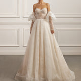 Off-the-shoulder ball gown - Sweetheart neckline bridal dress - Floral lace appliqué dress - Puff sleeves wedding dress - Semi-sheer corset bodice - Full ball gown skirt - Elegant wedding dress - Formal bridal gown - Romantic wedding attire - Timeless beauty gown