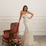Strapless mermaid gown - Sweetheart neckline bridal dress - Floral lace appliqué dress - Sparkling beadwork dress - Fitted bodice - Flared skirt - Elegant wedding dress - Formal bridal gown - Princess wedding attire - Timeless beauty gown