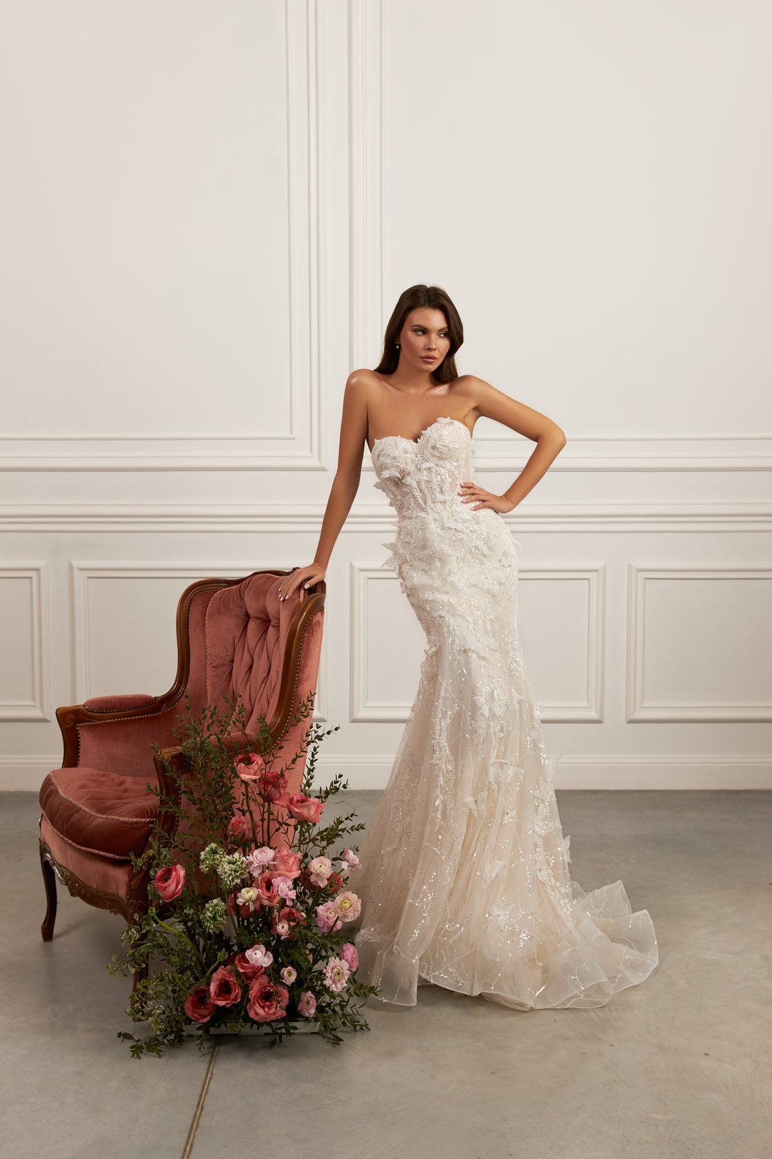 Strapless mermaid gown - Sweetheart neckline bridal dress - Floral lace appliqué dress - Sparkling beadwork dress - Fitted bodice - Flared skirt - Elegant wedding dress - Formal bridal gown - Princess wedding attire - Timeless beauty gown