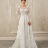 Long-sleeve A-line gown - Illusion neckline bridal dress - Sheer beaded sleeves - Sweetheart underlay bodice - Intricate beadwork dress - Flowing A-line skirt - Elegant wedding dress - Formal bridal gown - Sophisticated wedding attire - Timeless beauty gown