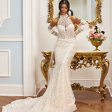 Halter neckline mermaid gown - Illusion sleeves bridal dress - Lace and beading appliqué dress - Fitted bodice with sheer overlay - Mermaid silhouette with train - Elegant wedding dress - Formal bridal gown - Modern sophisticated dress - Dramatic wedding gown - Timeless elegance gown