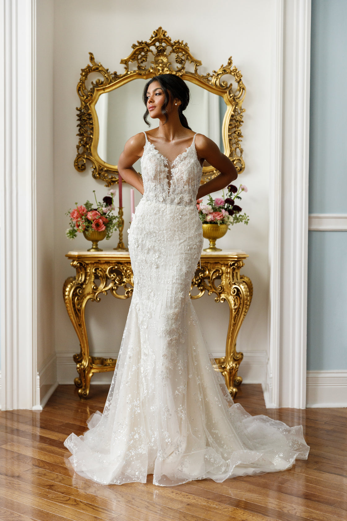 Sleeveless mermaid gown - Plunging neckline bridal dress - Lace and bead embellished dress - Spaghetti strap wedding gown - Fitted bodice with lace - Mermaid silhouette dress - Elegant wedding dress - Formal bridal gown - Modern sophisticated dress - Timeless beauty gown