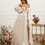 Sheer off-the-shoulder gown - Floral lace appliqué dress - Puff sleeve evening gown - Corset-style bodice dress - Flowing tulle skirt - High slit dress - Elegant wedding dress - Romantic evening dress - Special occasion dress - Sophisticated gown