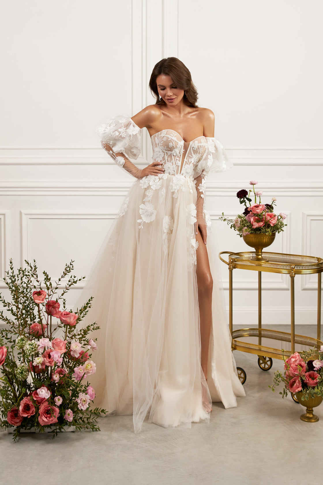 Sheer off-the-shoulder gown - Floral lace appliqué dress - Puff sleeve evening gown - Corset-style bodice dress - Flowing tulle skirt - High slit dress - Elegant wedding dress - Romantic evening dress - Special occasion dress - Sophisticated gown